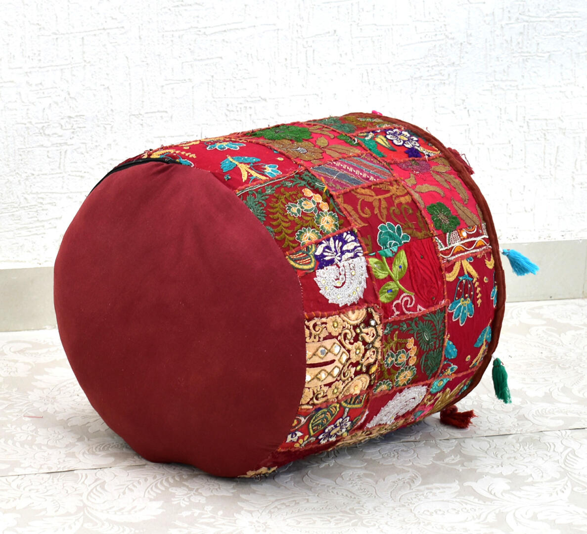 Cotton Gwen Pouffe/Ottoman Khambadiya Patchwork - Red - Image 5